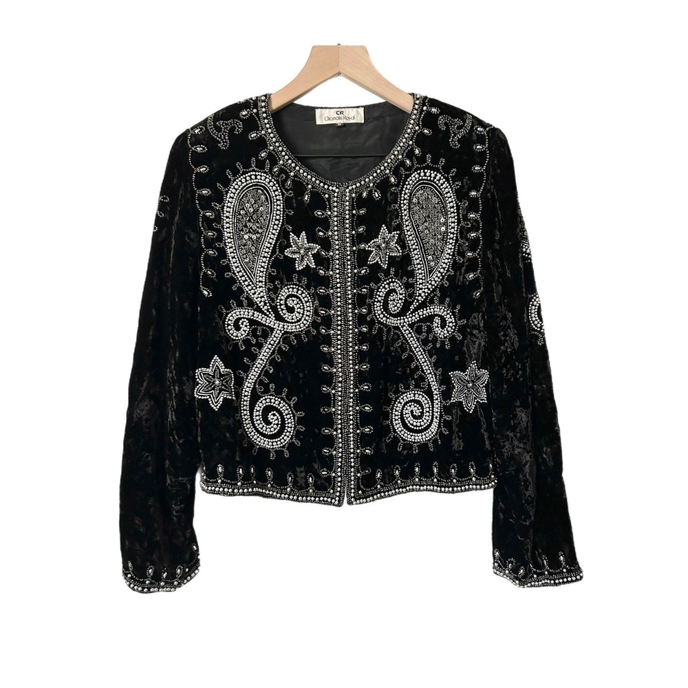 Vintage Black Velvet Beaded Paisley Star Cropped Jacket Chamois Royal Sz Medium